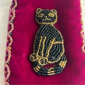 Vintage cat bag beaded black cat small mini pouch berry pink velvet gold accents